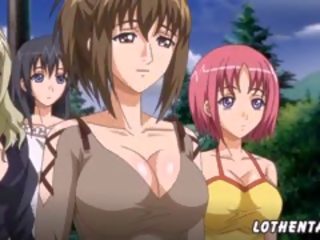 Quatro anime meninas decidido para relaxar em aldeia
