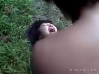 Frágil asiática novio consiguiendo brutalmente follada al aire libre